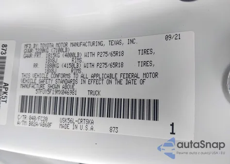 2021 Toyota Tundra Sr5 z USA, uszkodzony, nr VIN 5TFUY5F19MX046981